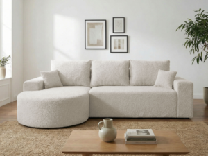 Narożnik VELO z półokrągłą otomaną do salonu z funkcją spania bukla Catch me 01