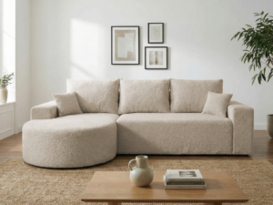 Narożnik VELO beżowy z półokrągłą otomaną do salonu z funkcją spania bukla Catch me 02