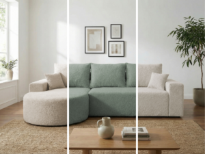 Narożnik VELO KONFIGURUJ TKANINĘ z półokrągłą otomaną do salonu z funkcją spania bukla