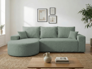 Narożnik VELO miętowy z półokrągłą otomaną do salonu z funkcją spania bukla Catch me 13